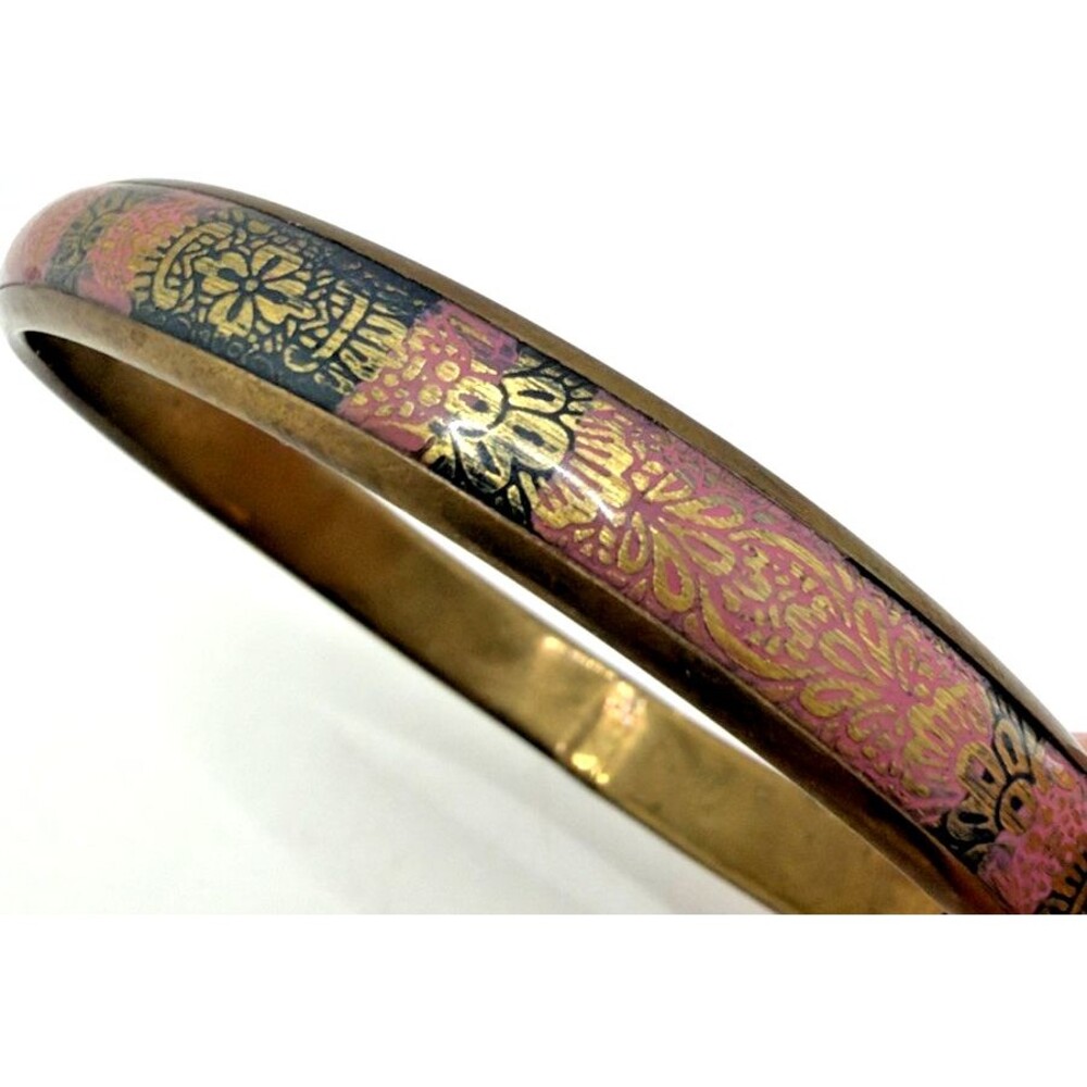 Vintage Boho Brass Bangle Bracelet Heart Cutout Black Pink Enamel 9.5"